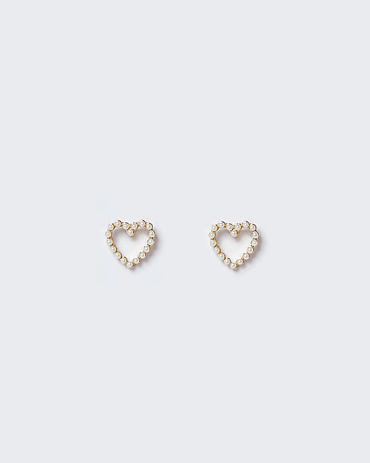 Gold pearl heart stud earrings