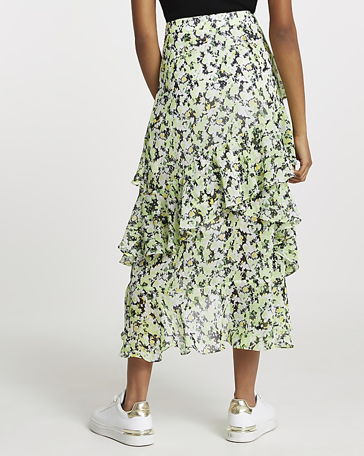 Green floral ruffle maxi skirt