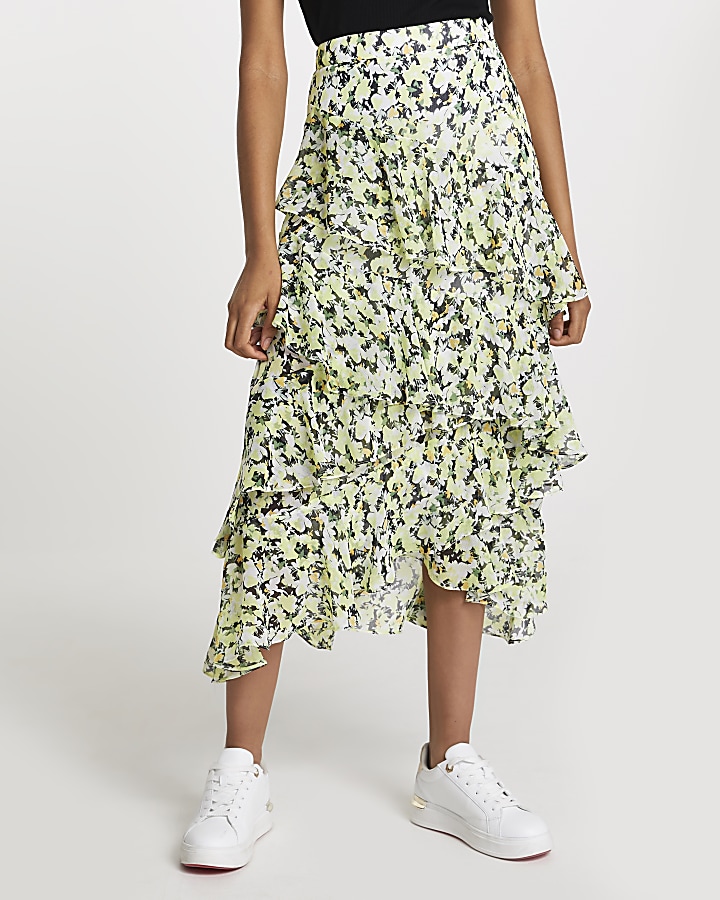 Green floral ruffle maxi skirt