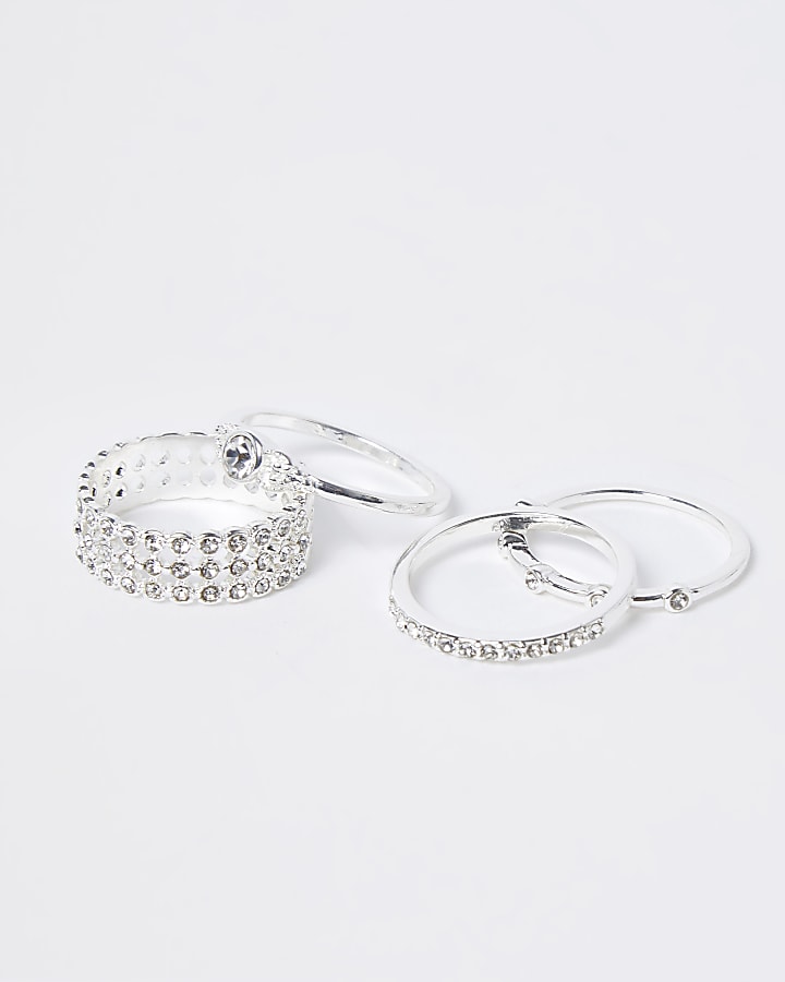 Silver pave engraved stacking rings multipack