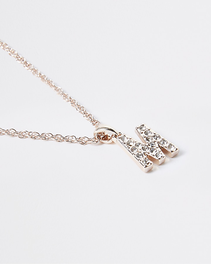 Rose Gold pave M Initial ditsy charm necklace