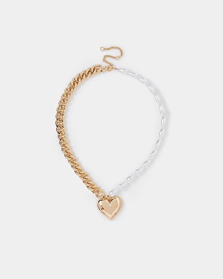 Gold colour pearl and chain heart necklace