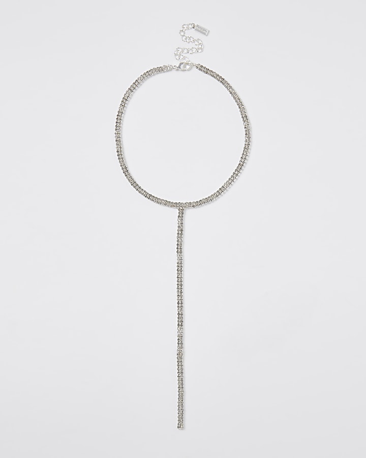 Silver Y chain rhinestone necklace