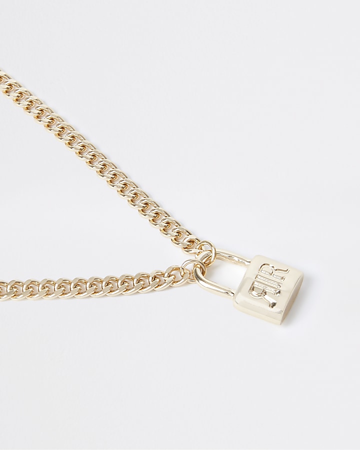 Gold colour 'RIR' padlock ditsy necklace