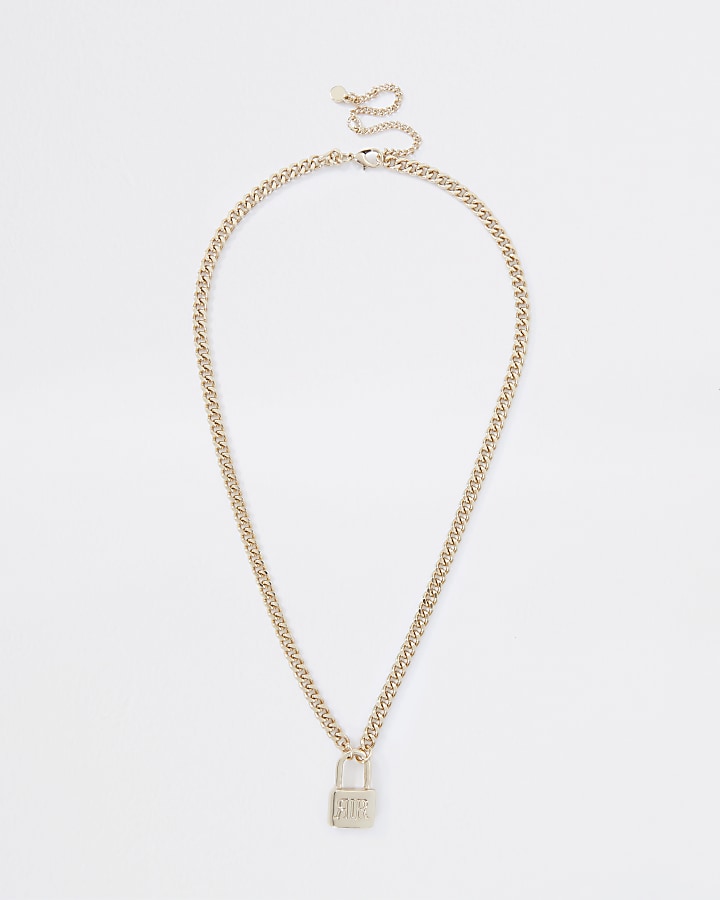 Gold colour 'RIR' padlock ditsy necklace