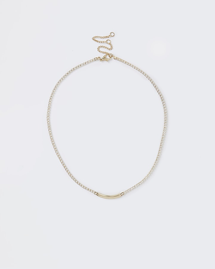 Gold Rhinestone Chain Bar Necklace
