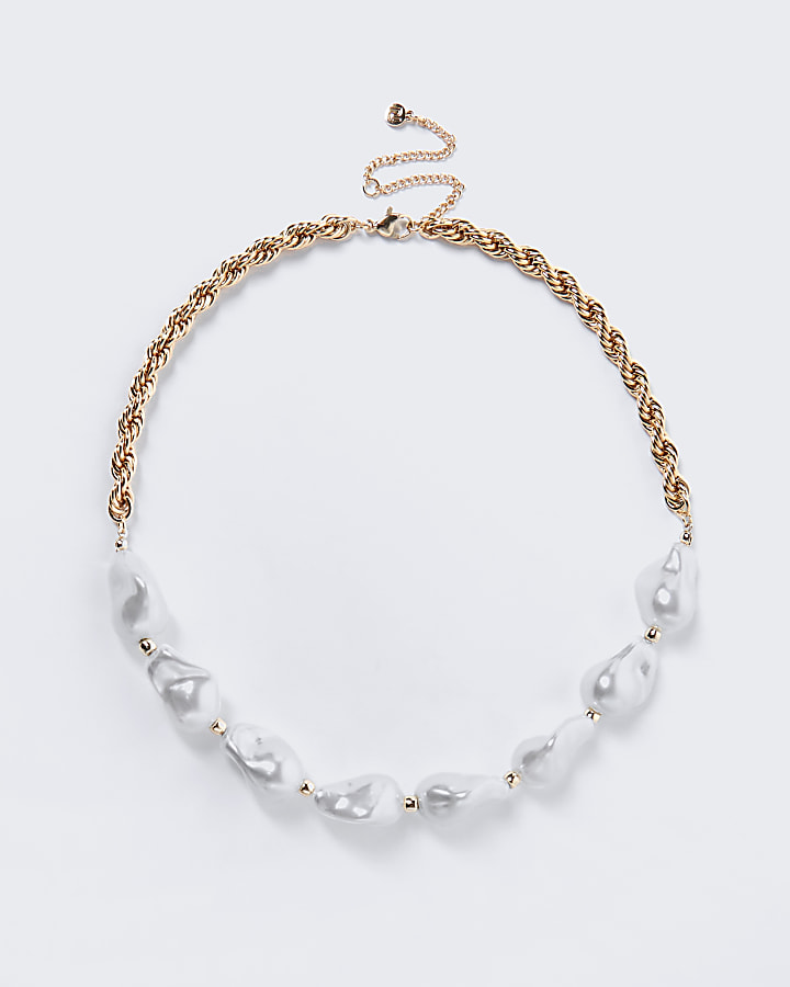 Gold colour pearl chain collar necklace
