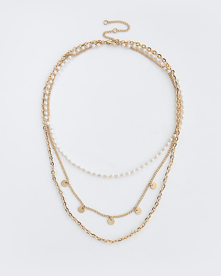 Gold pearl embellished multirow choker