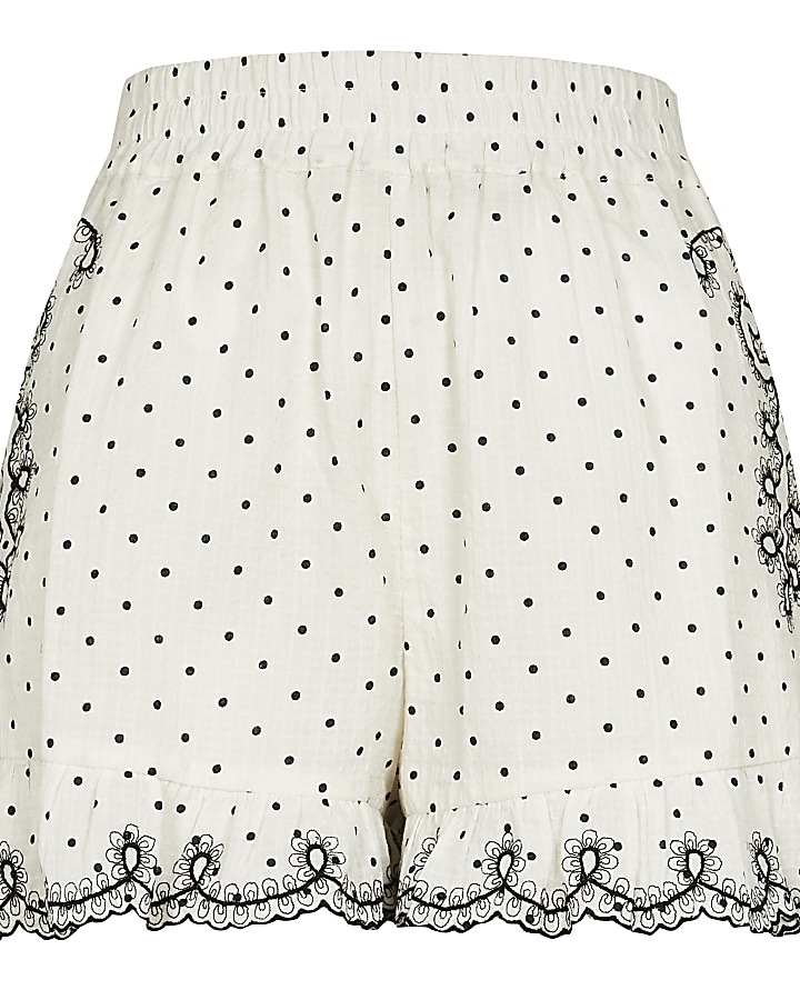 Cream embroidered spot print shorts