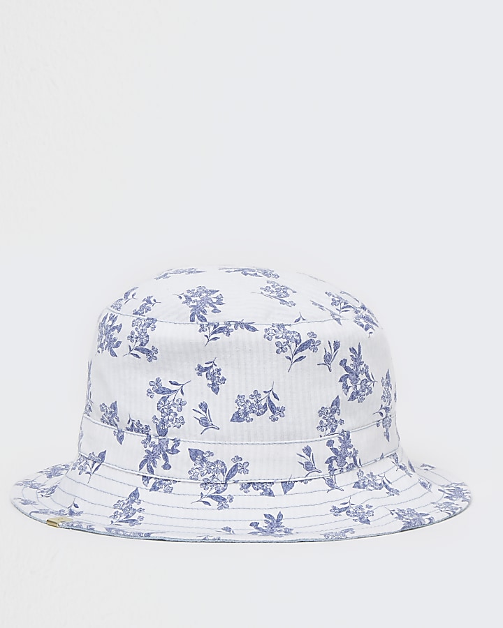 Blue denim floral reversible bucket hat