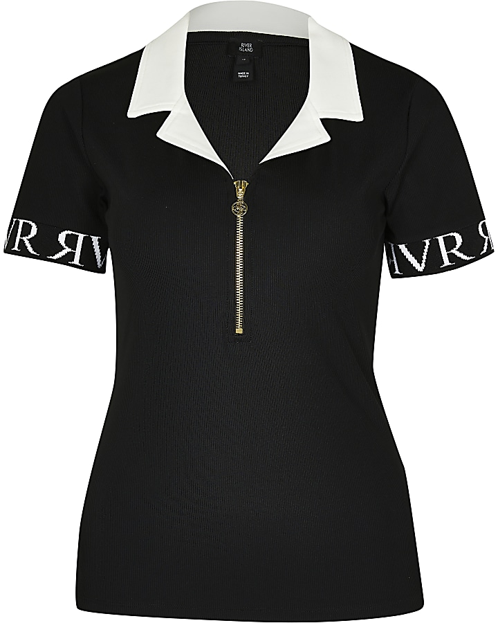 Black 'RVR' Zip through polo shirt