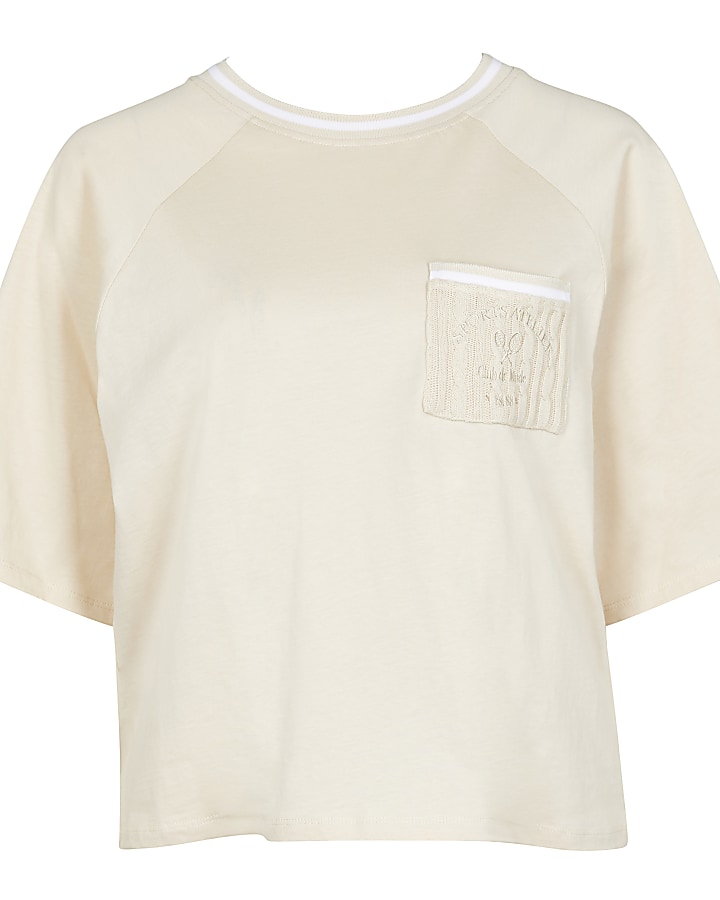 Beige boxy crop short sleeve tennis t-shirt