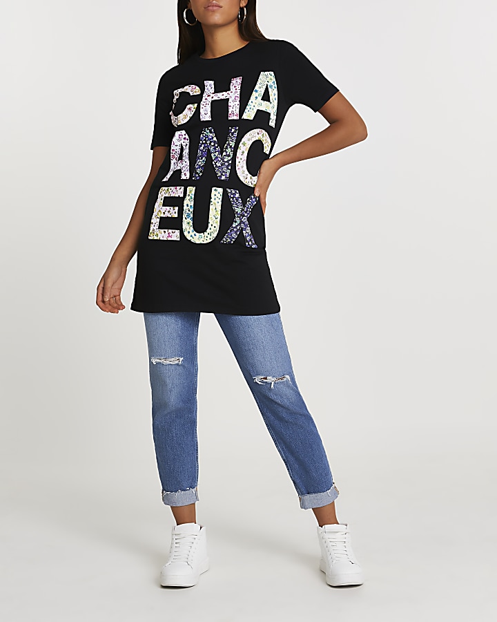 Black 'Chanceux' floral oversized t-shirt