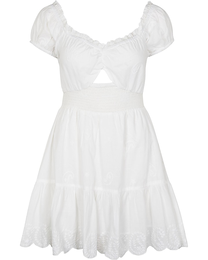 White puff sleeve shirred mini dress
