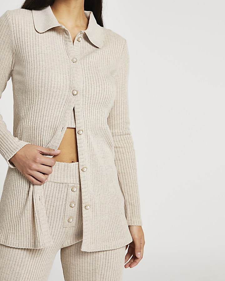 Petite beige ribbed button front cardigan