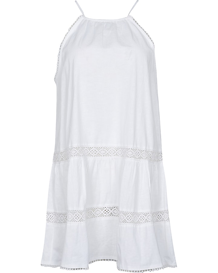 White tiered halter mini swing dress