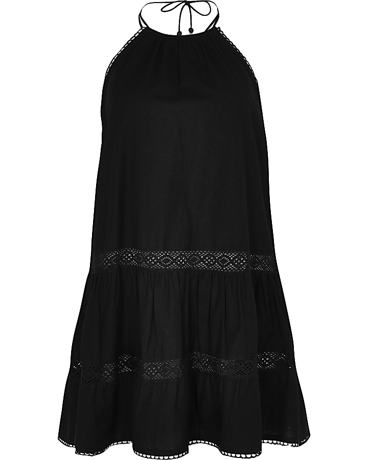 Black tiered halter mini swing beach dress
