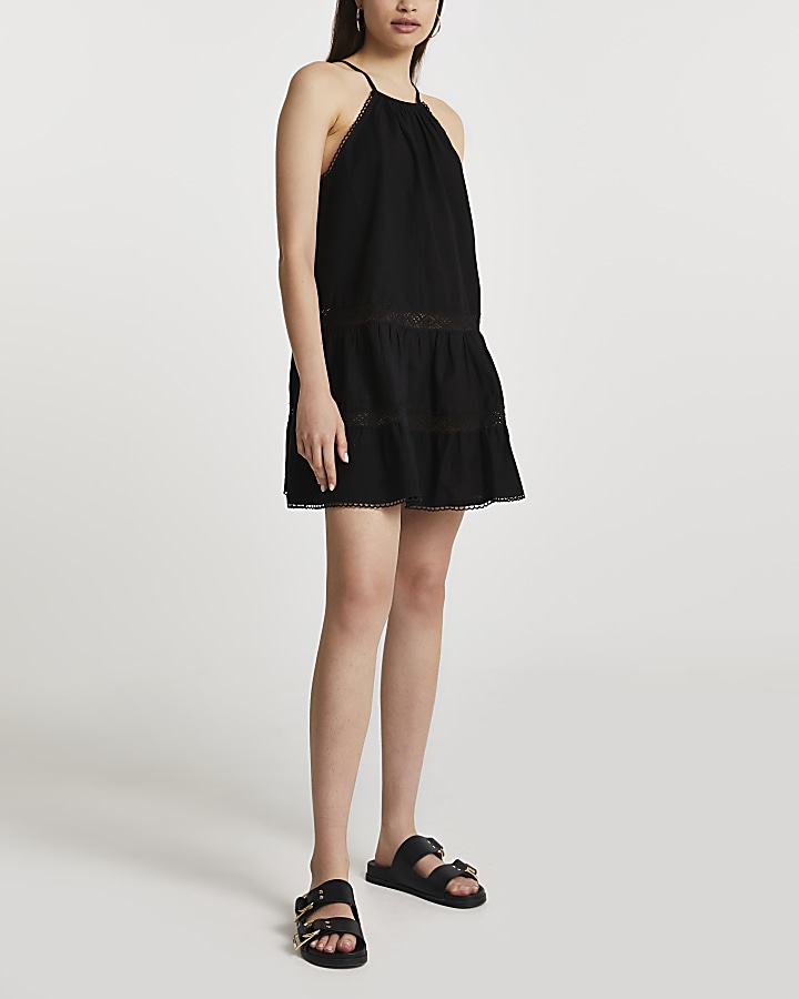 Black tiered halter mini swing beach dress