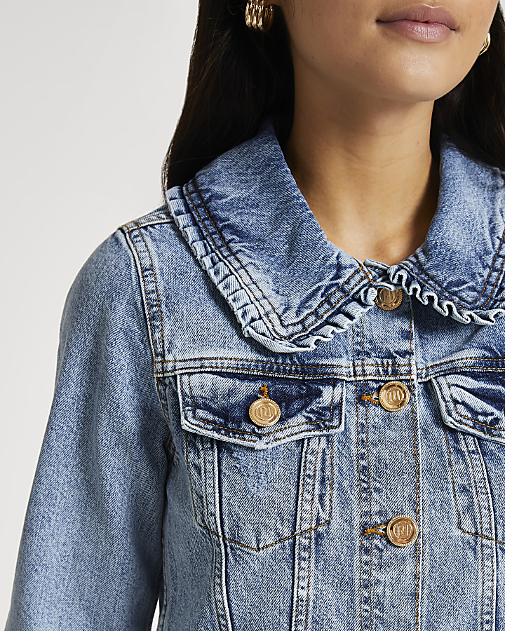 Petite blue denim collared fitted jacket
