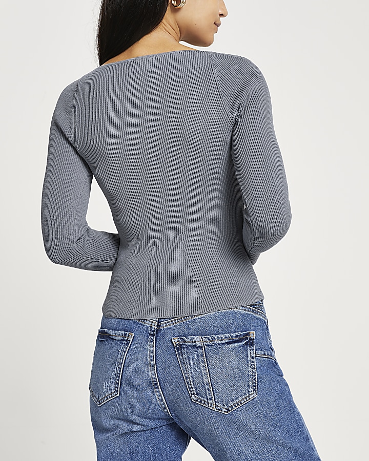 Petite grey fitted bustier long sleeve top
