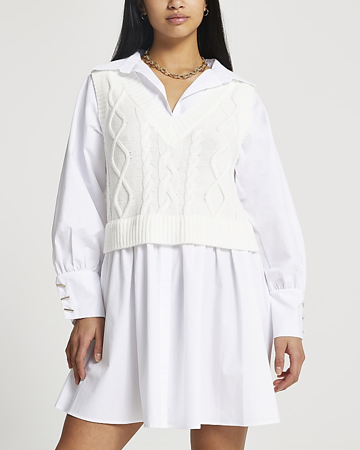 Petite cream cable knit shirt mini dress