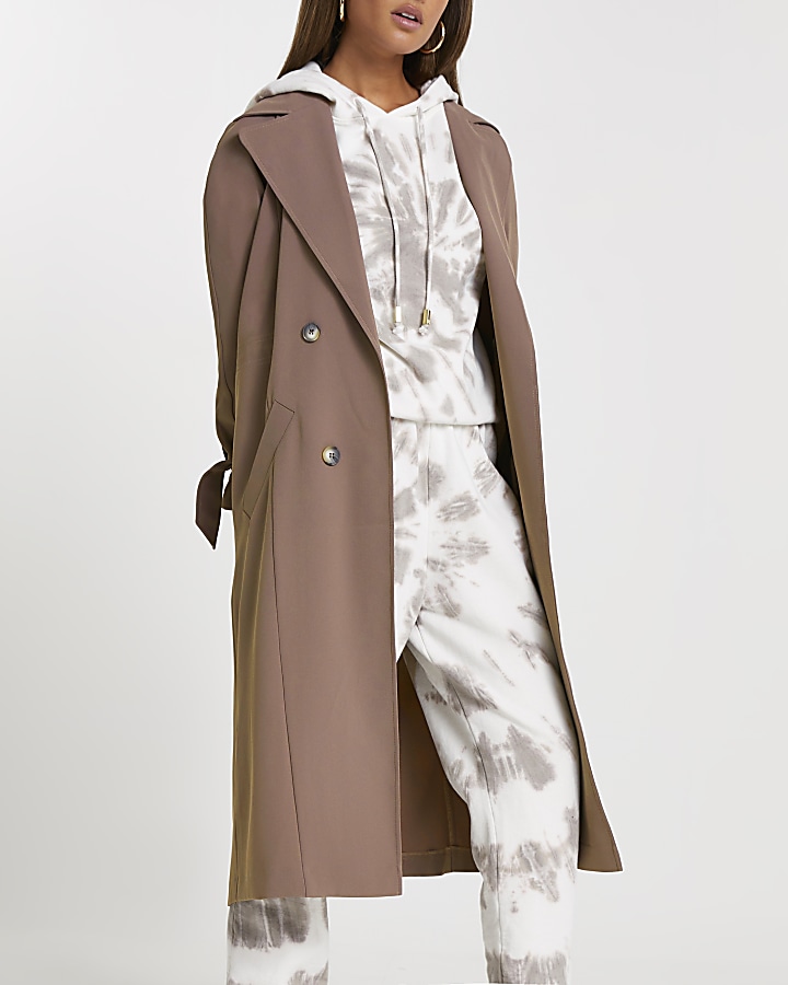 Brown drawcord waist duster coat