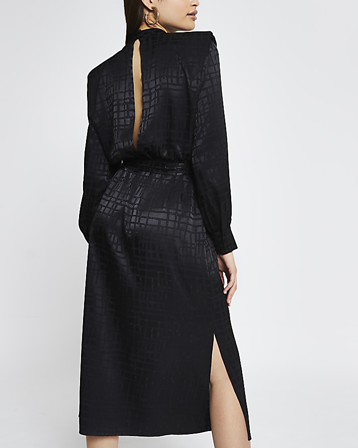 Black Jacquard Shoulder Pad Midi Dress