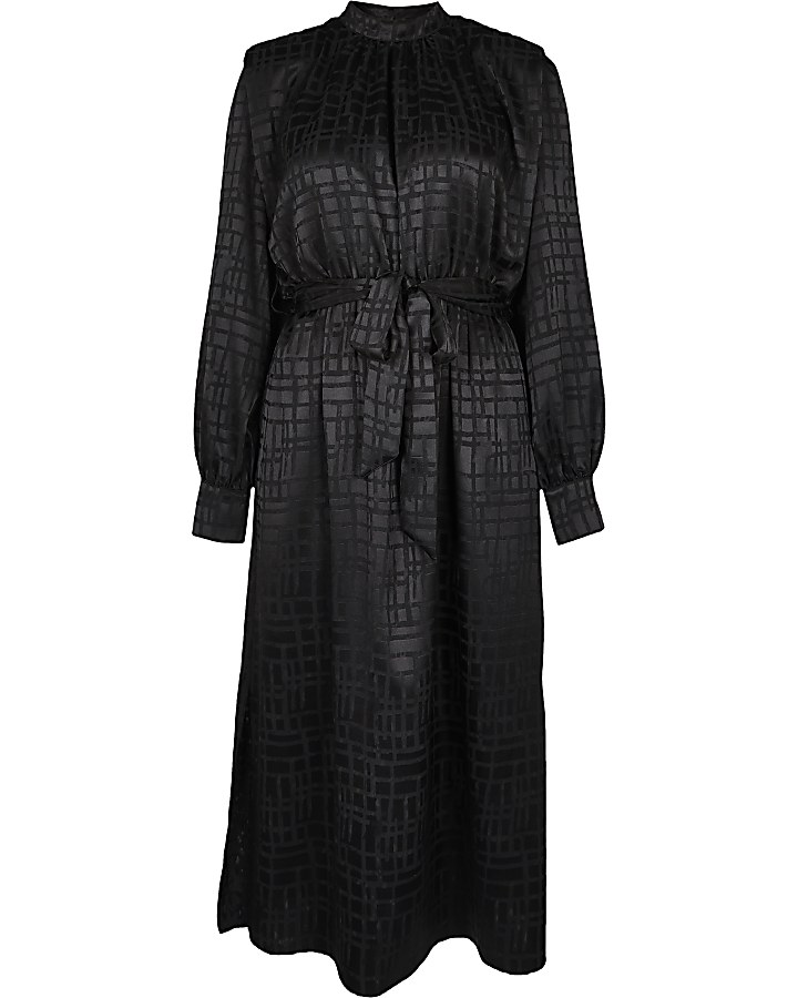 Black Jacquard Shoulder Pad Midi Dress