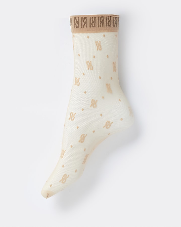 Beige 'RIR' logo mesh ankle socks