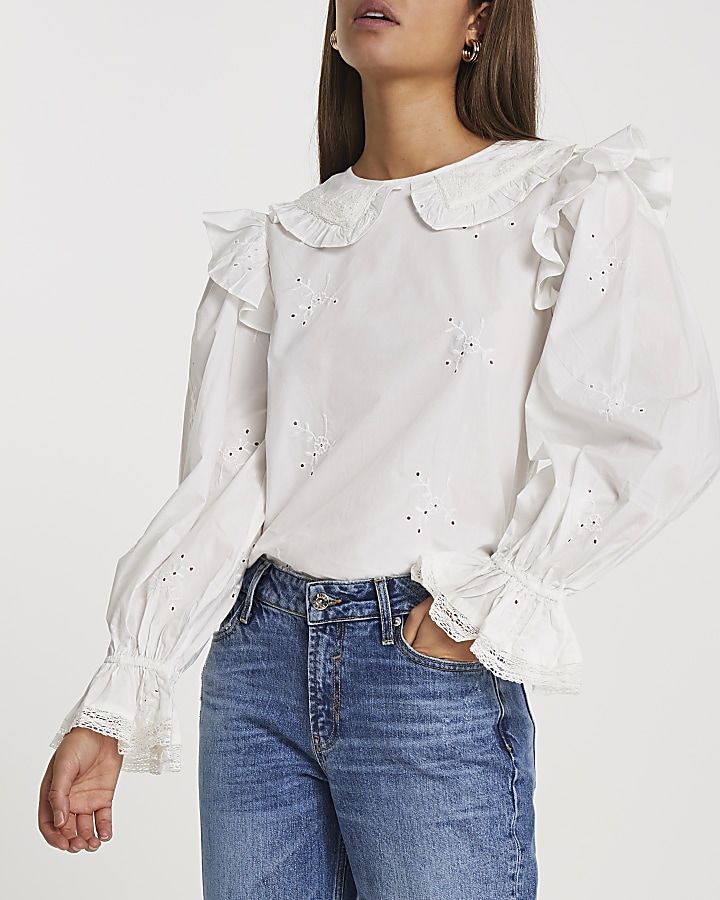 White long puff sleeve collar blouse
