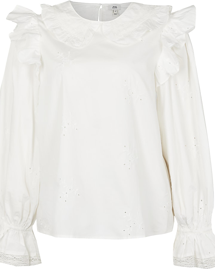 White long puff sleeve collar blouse