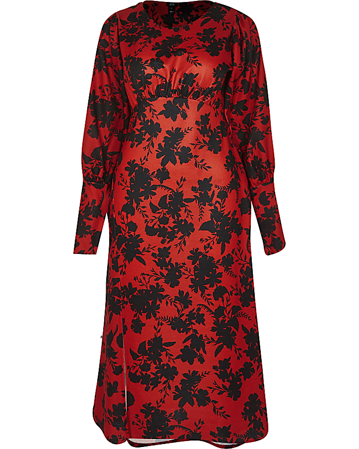 Red long sleeve floral front split midi dress