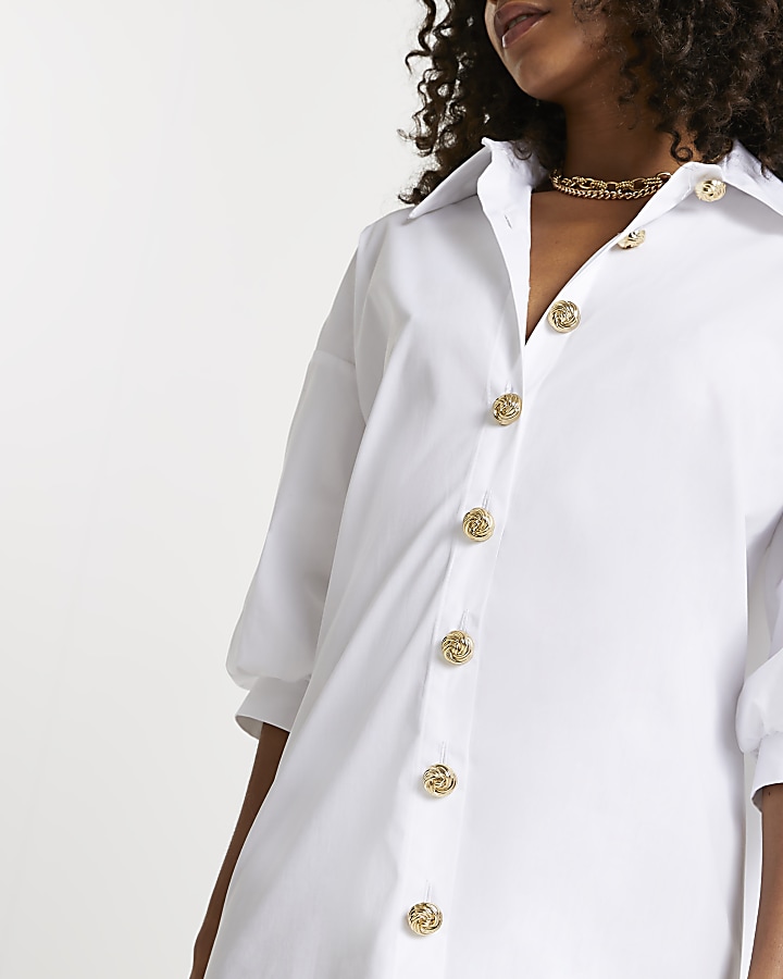 White oversized gold button shirt dress