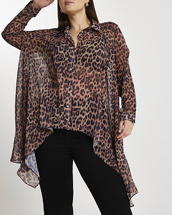 Plus brown leopard print frill shirt