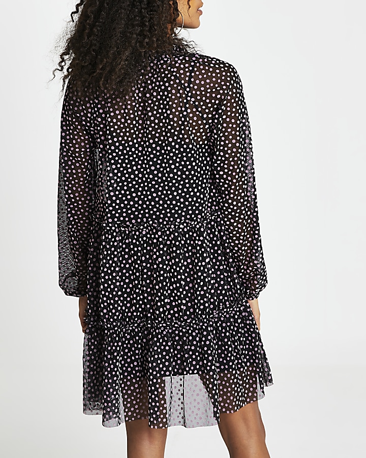 Black polka dot mesh mini dress