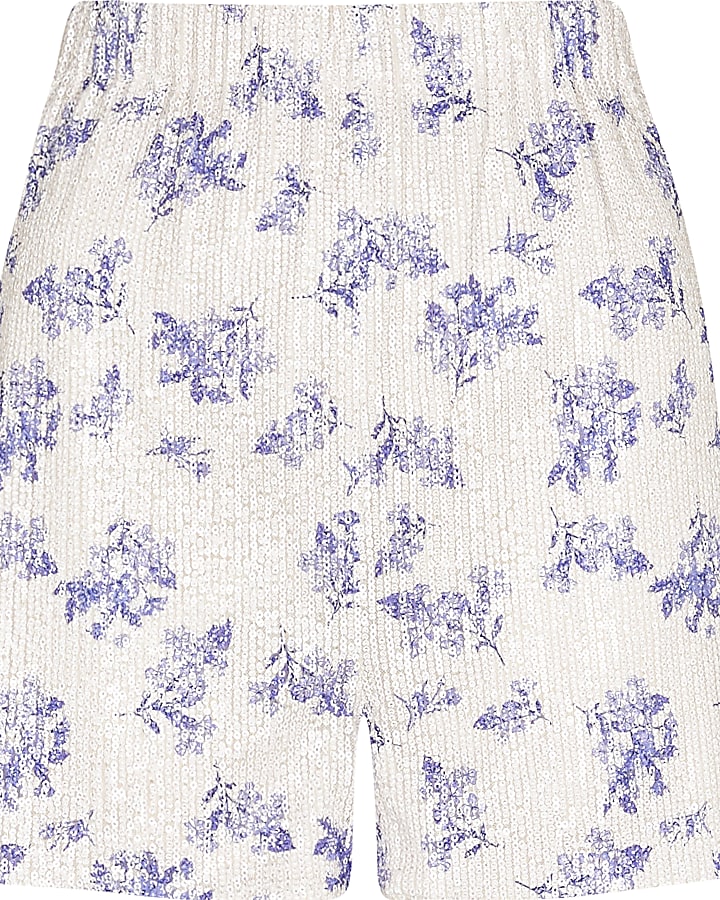 Blue floral sequin shorts