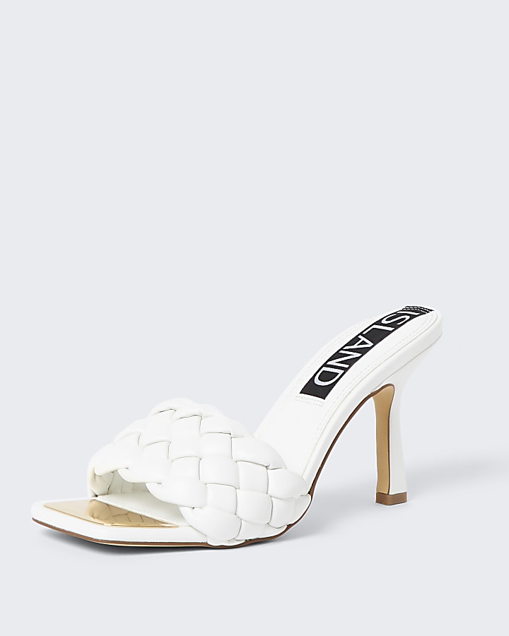 White faux leather woven high heel sandal