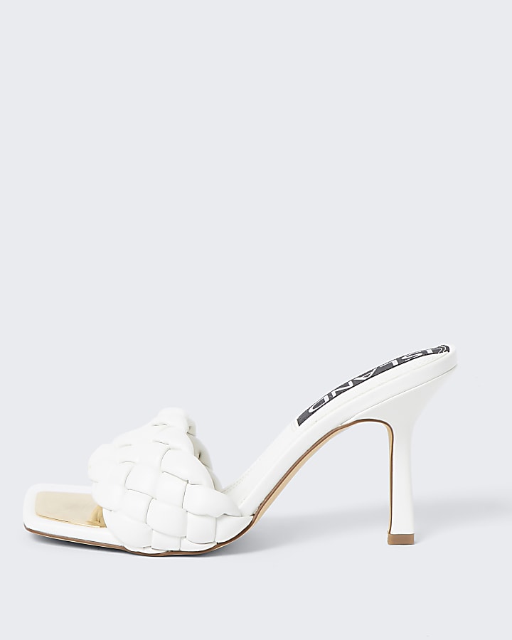 White faux leather woven high heel sandal