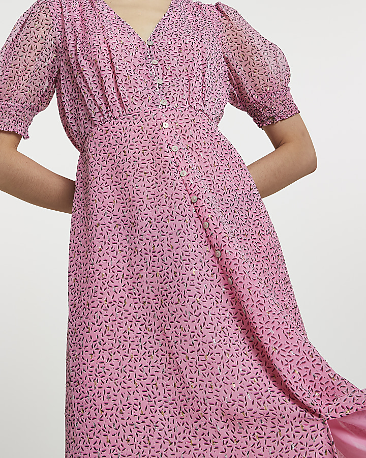 Pink short sleeve button down midi dress