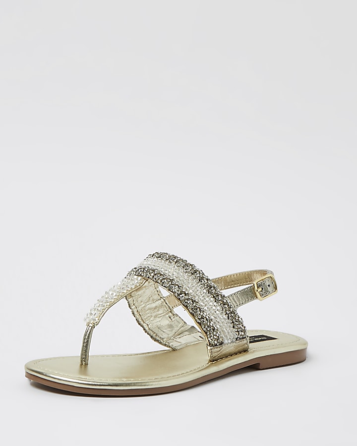 Gold wide fit bead toe thong sandals
