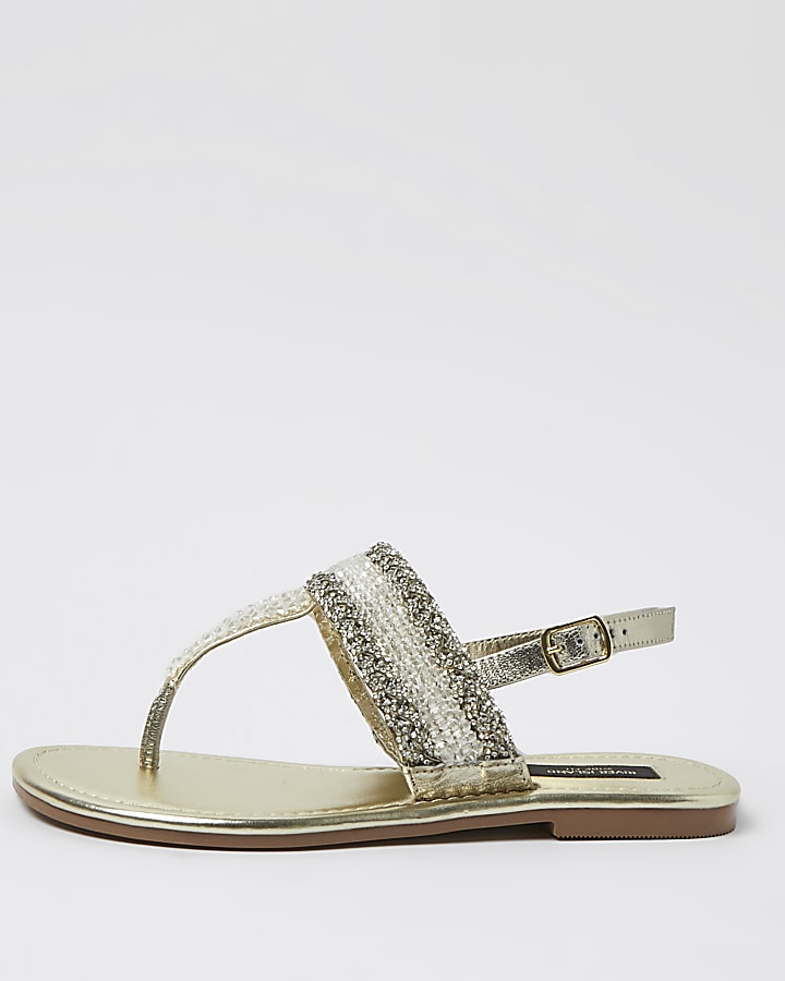 Gold wide fit bead toe thong sandals