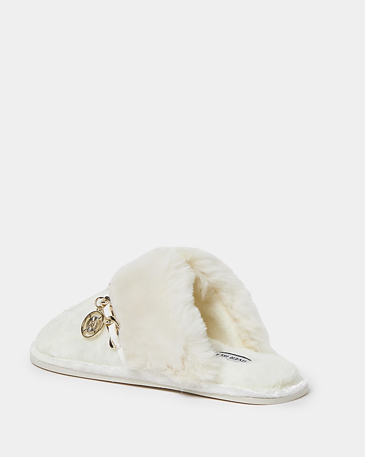 Cream velvet faux fur trim slippers