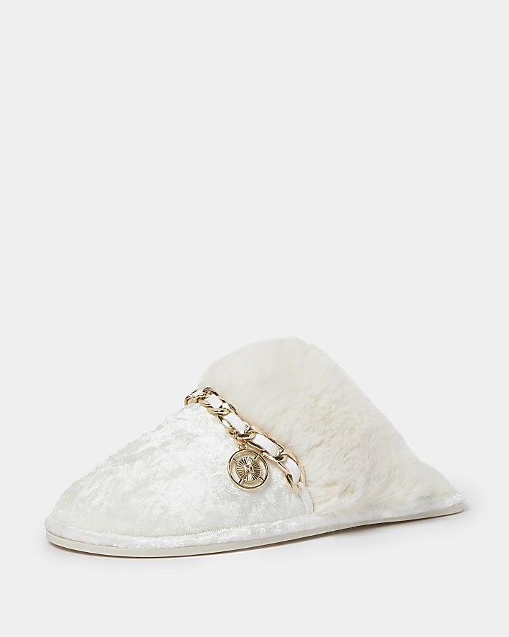 Cream velvet faux fur trim slippers