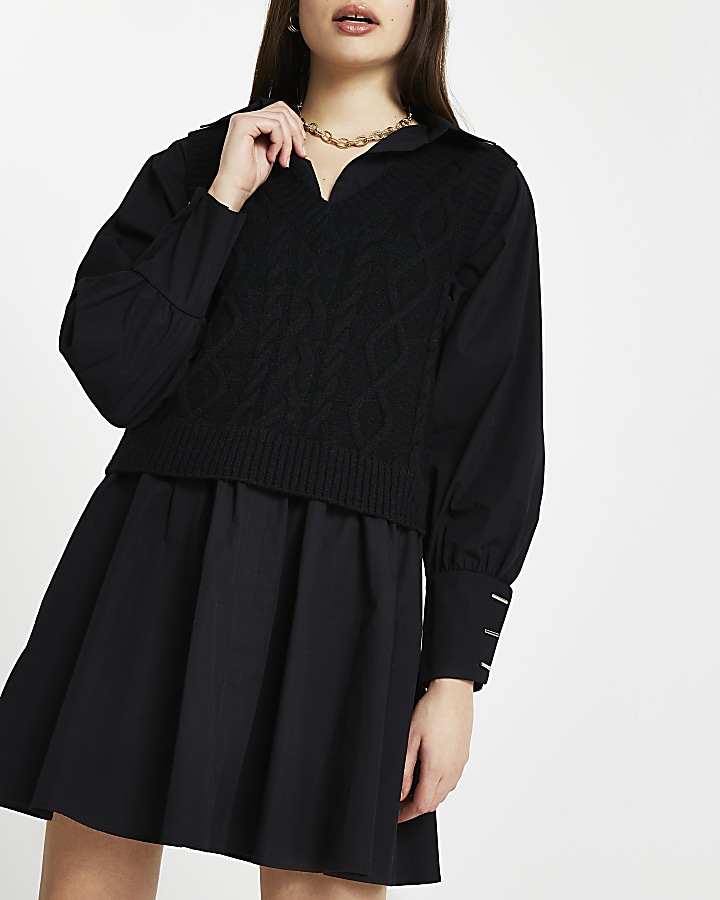 Black cable knit shirt dress