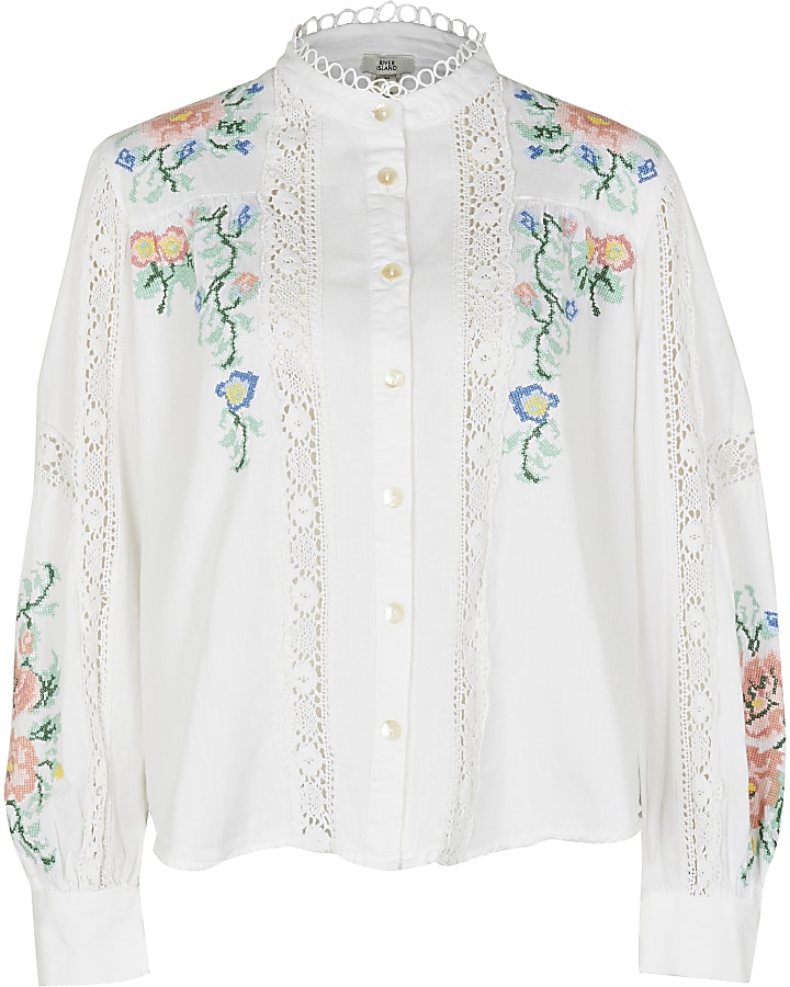 White long sleeve embroidered blouse