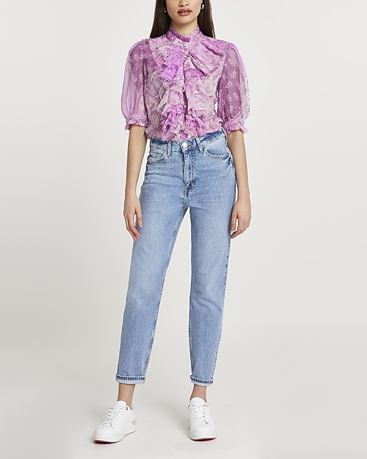 Purple ruffle embellished blouse top