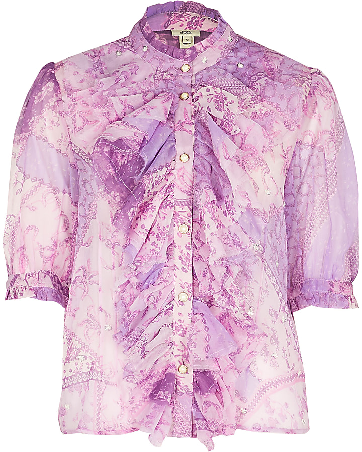 Purple ruffle embellished blouse top