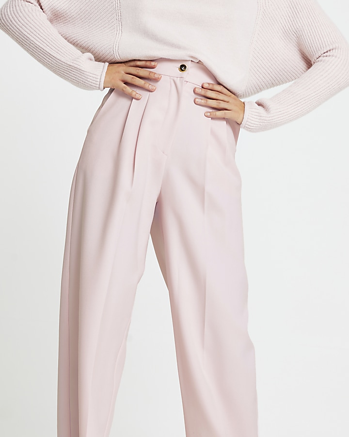 Pink pleat front straight trousers
