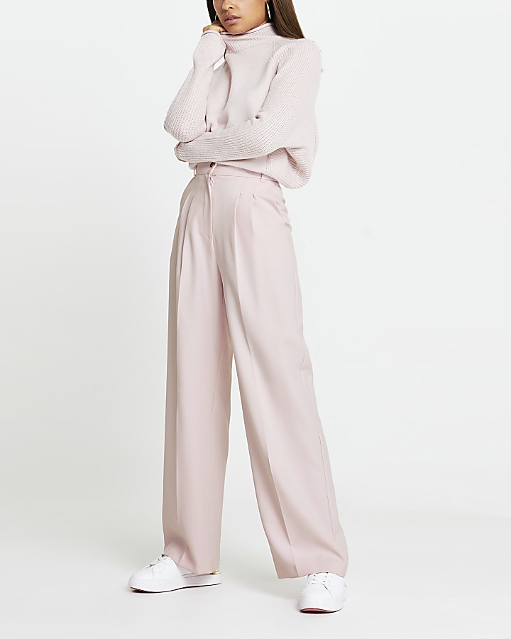 Pink pleat front straight trousers