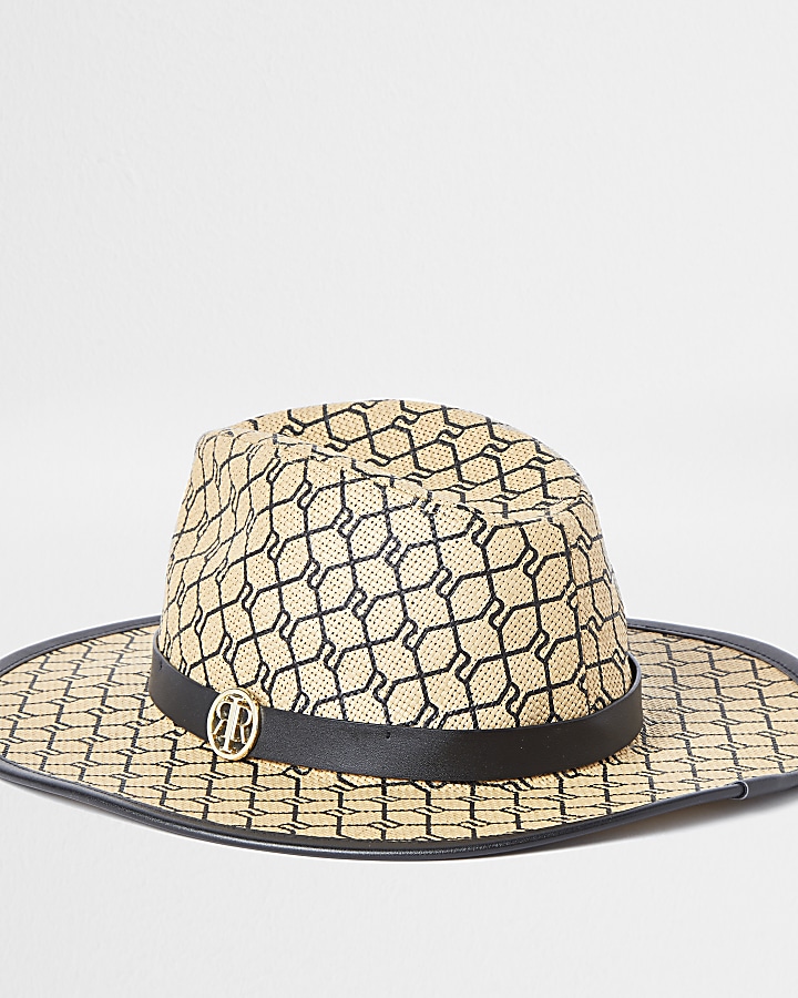 Beige RI monogram structured straw hat
